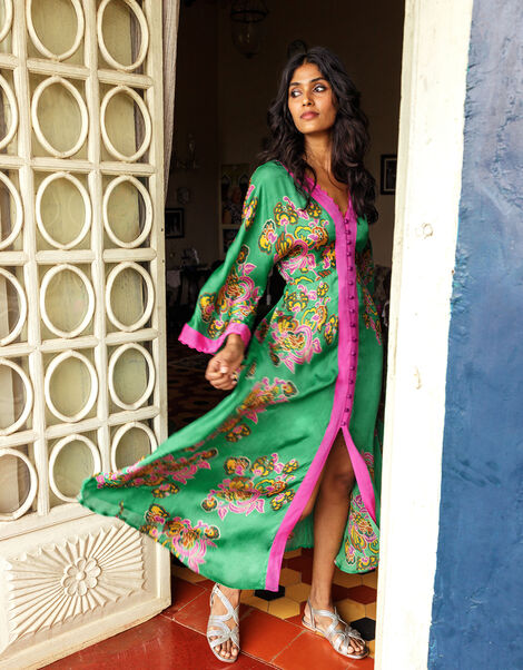 Button Through Print Kaftan Dress, Green (GREEN), large