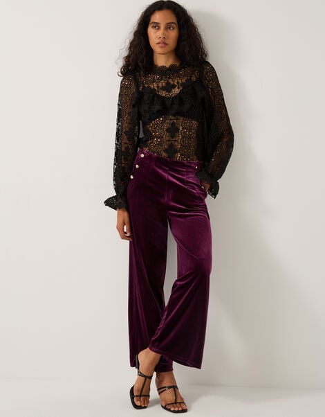 Vera Wide Leg Velvet Trousers, Red (BERRY), large