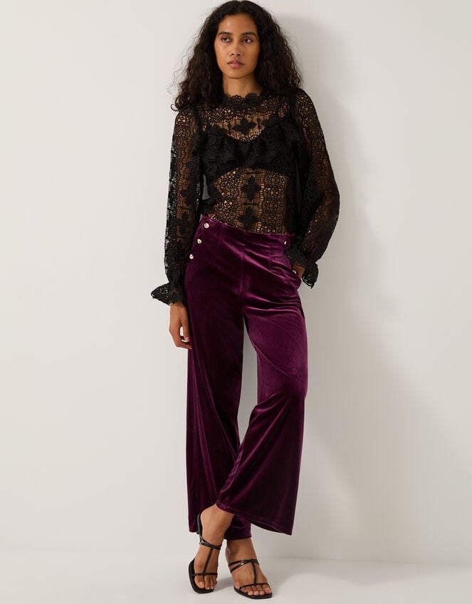 Vera Wide Leg Velvet Trousers, Red (BERRY), large