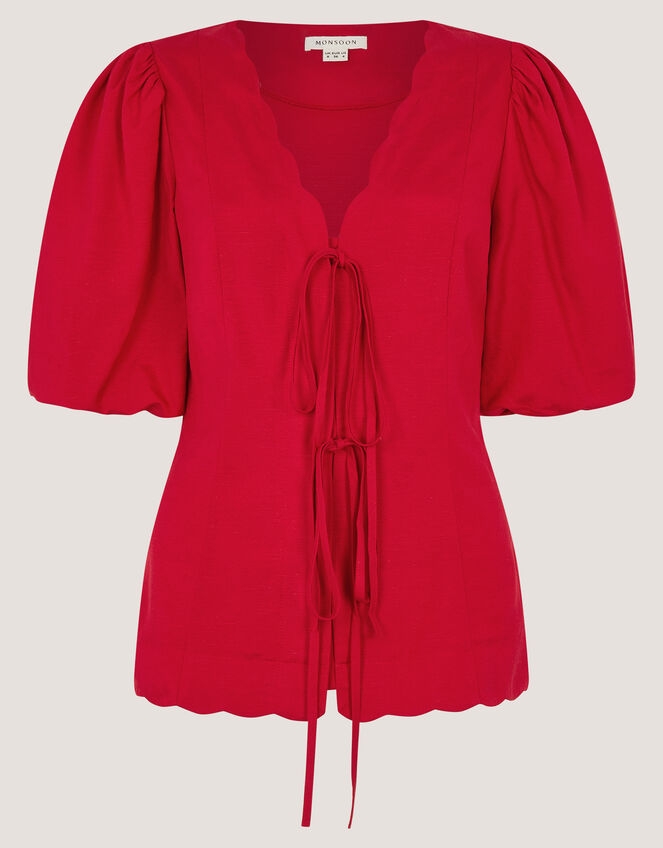 Willa Puff Sleeve Tie Front Top, Red (RED), large