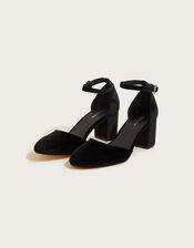 Closed Toe Diamante Buckle Velvet Heels, Black (BLACK), large