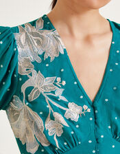 Clea Polka Dot Embroidered Dress, Teal (TEAL), large
