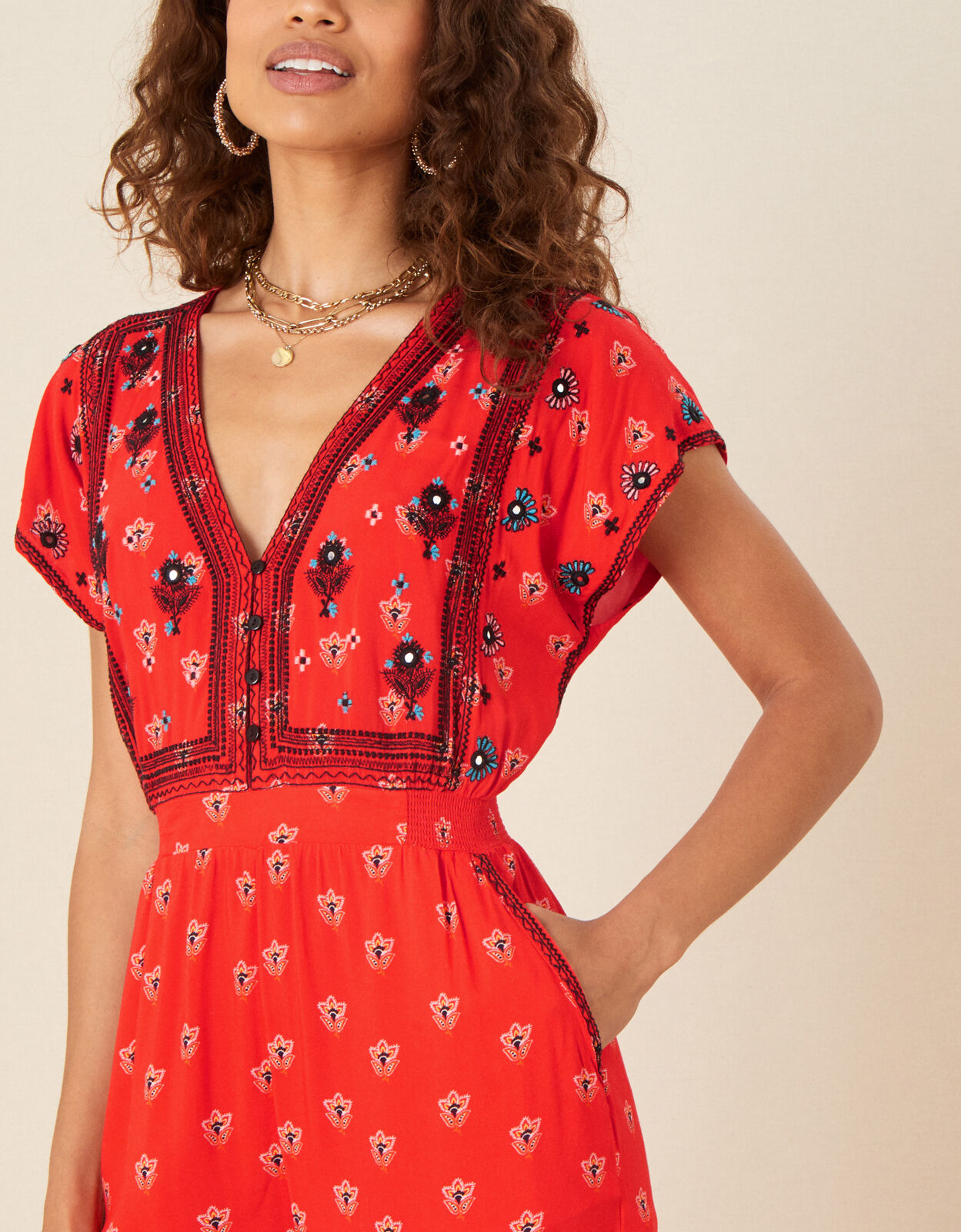 Embroidered Trim Printed Jumpsuit Red Jumpsuits Monsoon Global