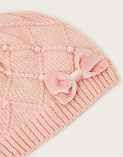 Pearly Cable Knit Beanie Hat, Pink (PINK), large