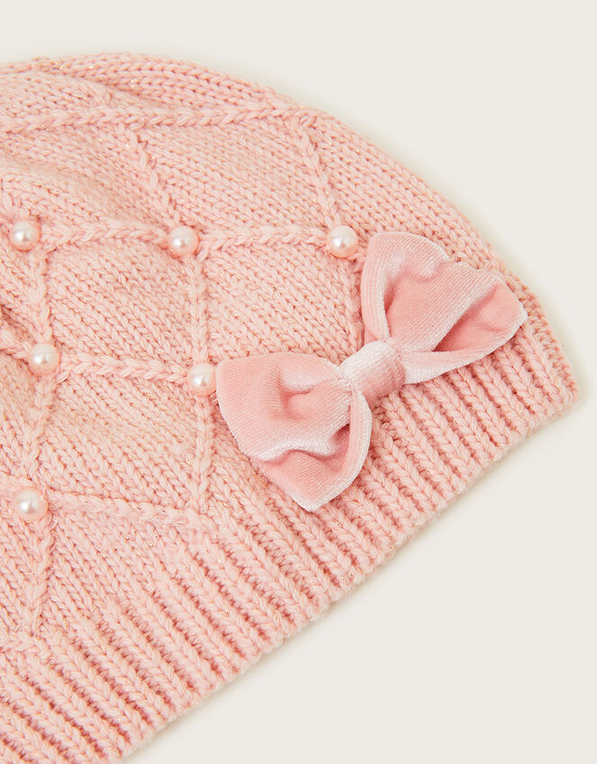 Pearly Cable Knit Beanie Hat, Pink (PINK), large