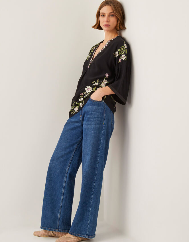 Alison V-Neck Floral Embroidered Top, Black (BLACK), large