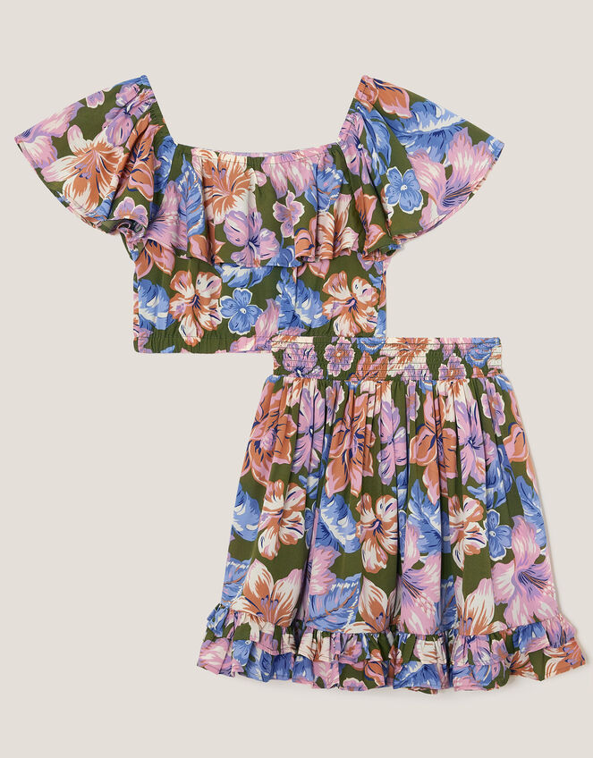 Floral Top & Skirt Set, Green (KHAKI), large