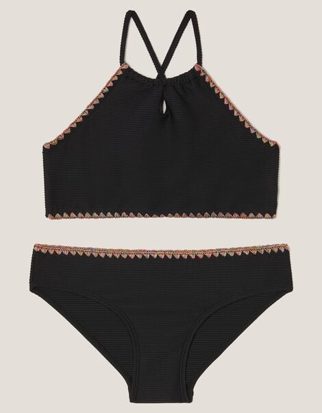 Rainbow Stitch Ribbed Bikini Set, Black (BLACK), large