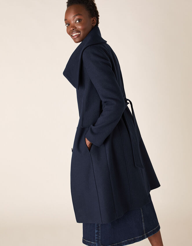 Keryn Wrap Collar Belted Coat, Blue (NAVY), large