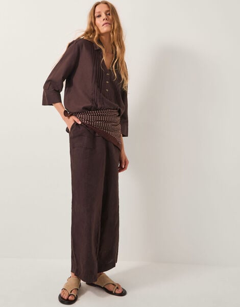 Jolie Straight Linen Trousers, Brown (CHOCOLATE), large