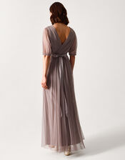 Ellie Sheer Sleeve Plunge Tulle Maxi Dress, Mink (MINK), large