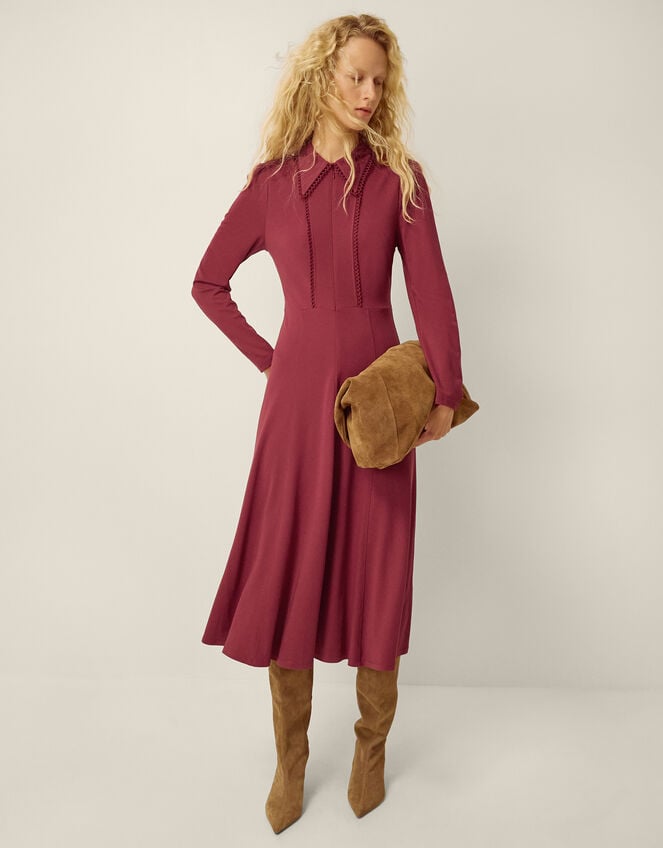 Zoe Pointed Collar Jersey Midi Dress, Red (BURGUNDY), large