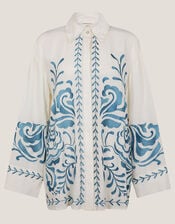 Cora Leaf Embroidered Shirt, White (WHITE), large