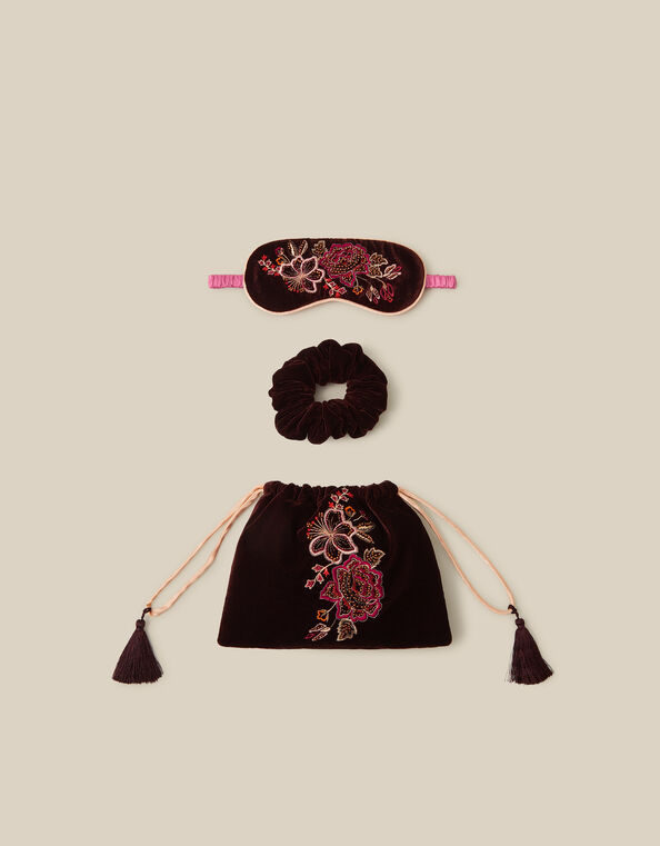 Floral Embroidered Velvet Eye Mask & Hair Scrunchie Gift Set, , large