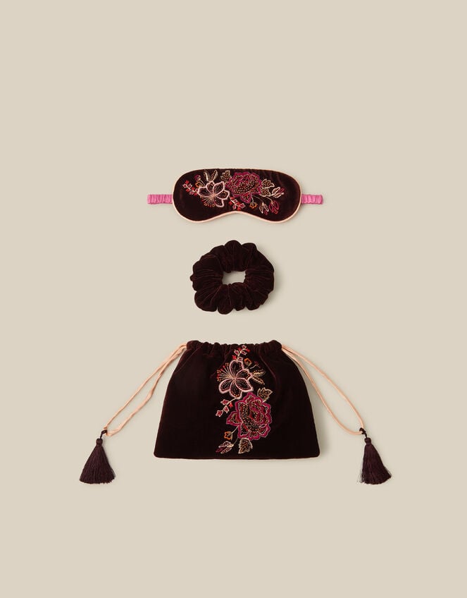 Floral Embroidered Velvet Eye Mask & Hair Scrunchie Gift Set, , large