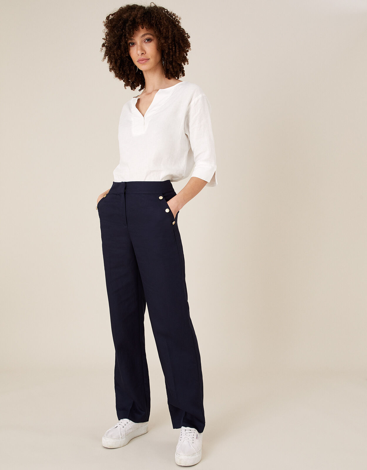 Smart Longer Length Trousers in Linen Blend Blue Trousers Leggings Monsoon Global
