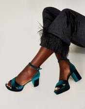 Velvet Padded Platform Heeled Sandals, Teal (TEAL), large