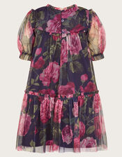 Baby Coco Rose Print Mesh Dress, Blue (NAVY), large