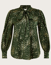 Suki Foil Pussybow Blouse, Green (KHAKI), large