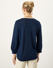 Plain Detail Linen Long Sleeve Top, Blue (NAVY), large