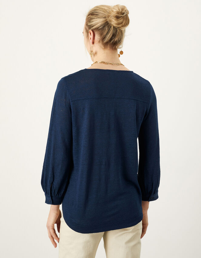 Plain Detail Linen Long Sleeve Top, Blue (NAVY), large