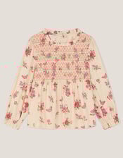 Butterfly Floral Smocked Blouse, Ivory (IVORY), large