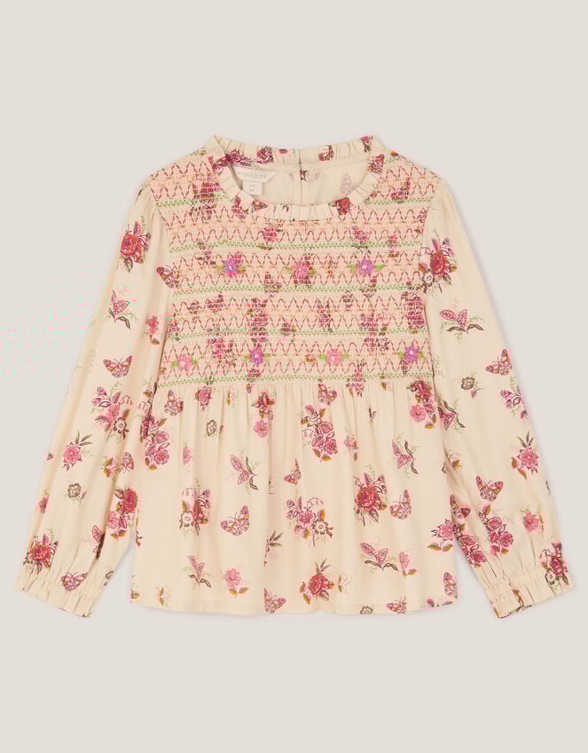 Butterfly Floral Smocked Blouse, Ivory (IVORY), large