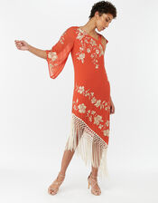 Pasty Floral Embroidered Fringe Dress, Orange (CORAL), large