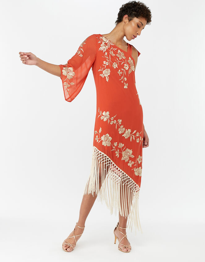 Pasty Floral Embroidered Fringe Dress, Orange (CORAL), large