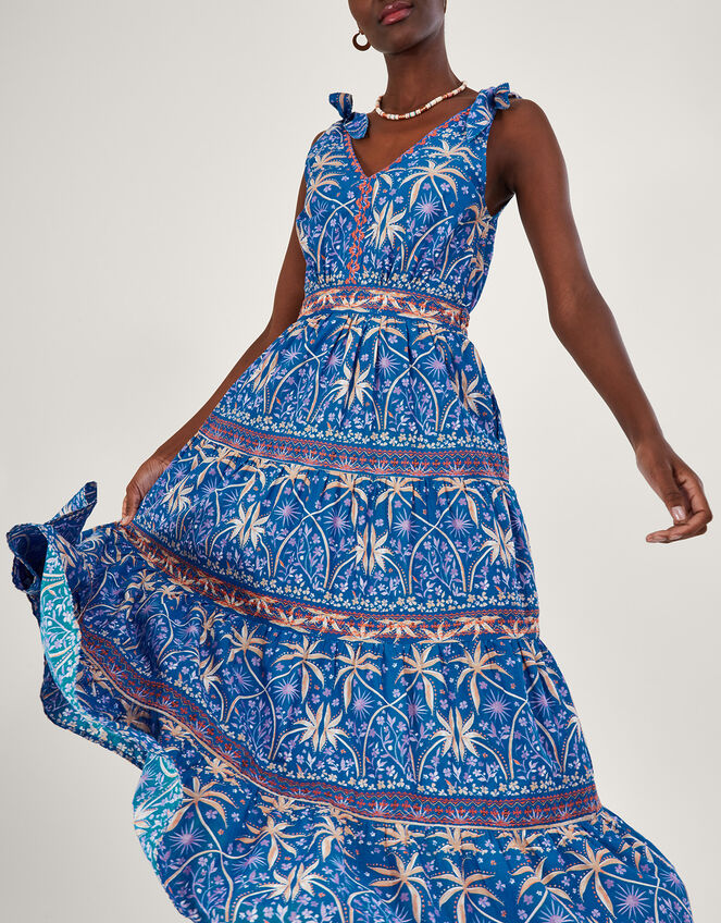 Palm Print Midi Dress, Blue (BLUE), large