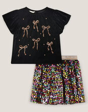 Velvet Bow Top & Sequin Skirt Set, Black (BLACK), large