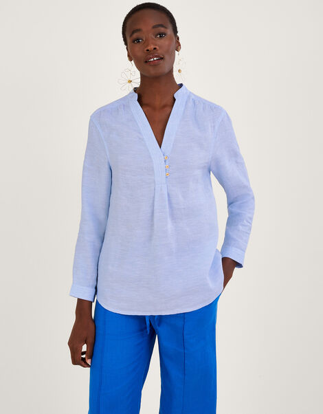 Chambray Neru Collar Shirt in Linen Blend Blue, Blue (BLUE), large