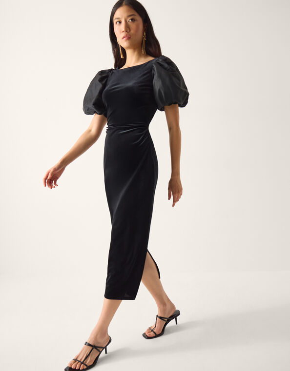 Sadie Puff Sleeve Velvet Midi Dress, Black (BLACK), large