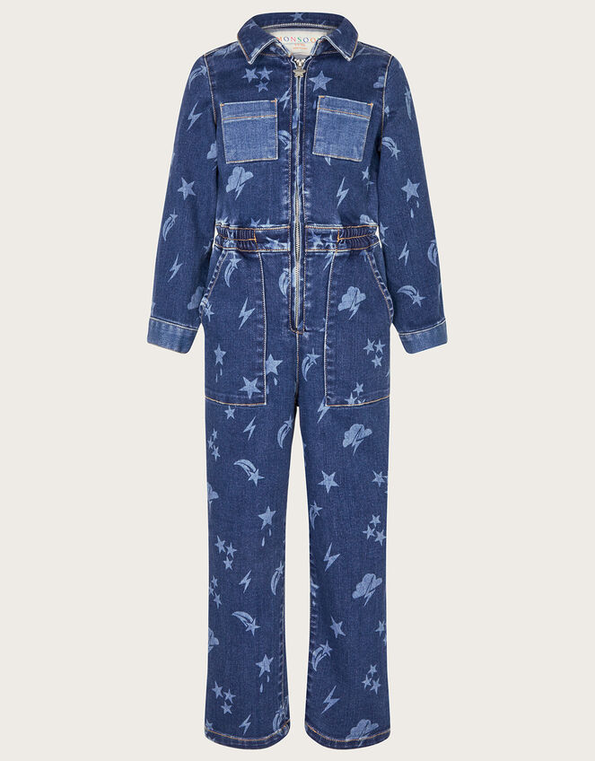 Cosmic Print Stretch Denim Jumpsuit, Blue (BLUE), large