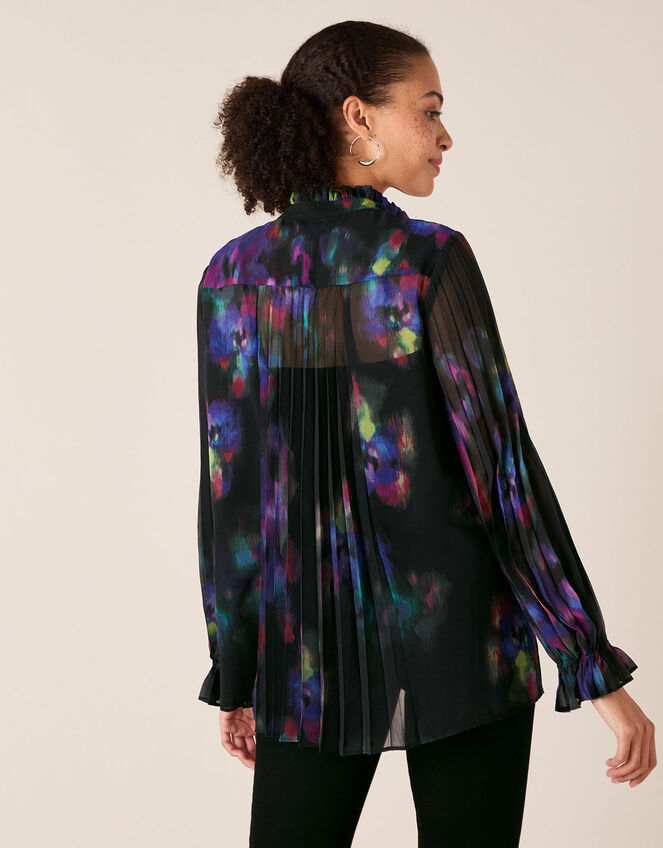 Blur Print Pleated Sleeve Blouse, Black (BLACK), large