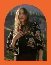 Traffic People Floral Puff Sleeve Jacket, Black (BLACK), large