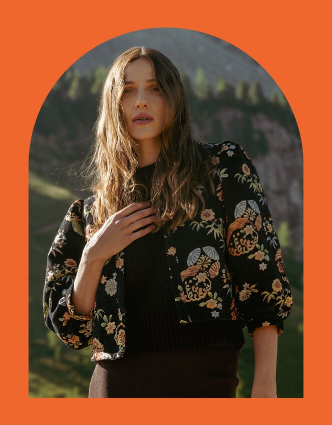 Traffic People Floral Puff Sleeve Jacket, Black (BLACK), large