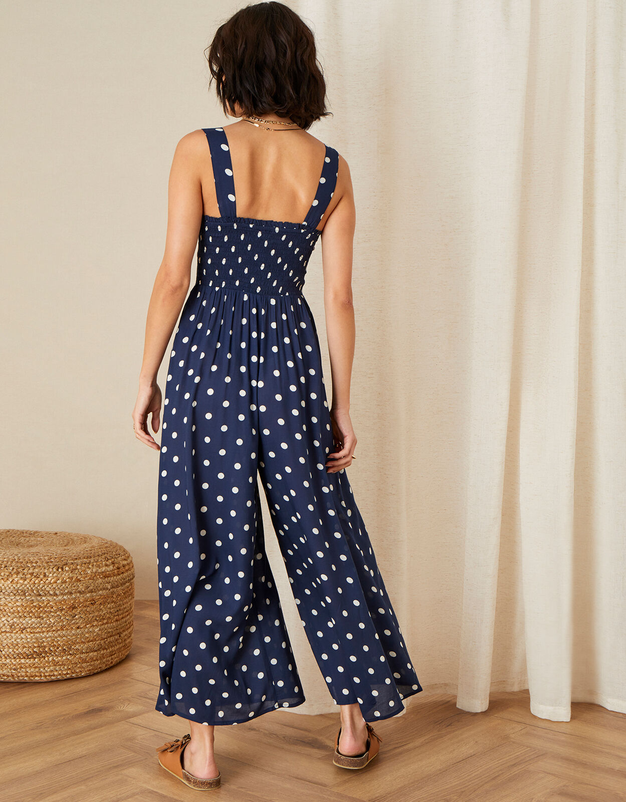 Blessyn Navy Polka Dot Tie Front Cut Out Jumpsuit | In The Style USA