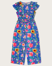 Ruffled Floral Print Jumpsuit in Recycled Polyester, Blue (BLUE), large