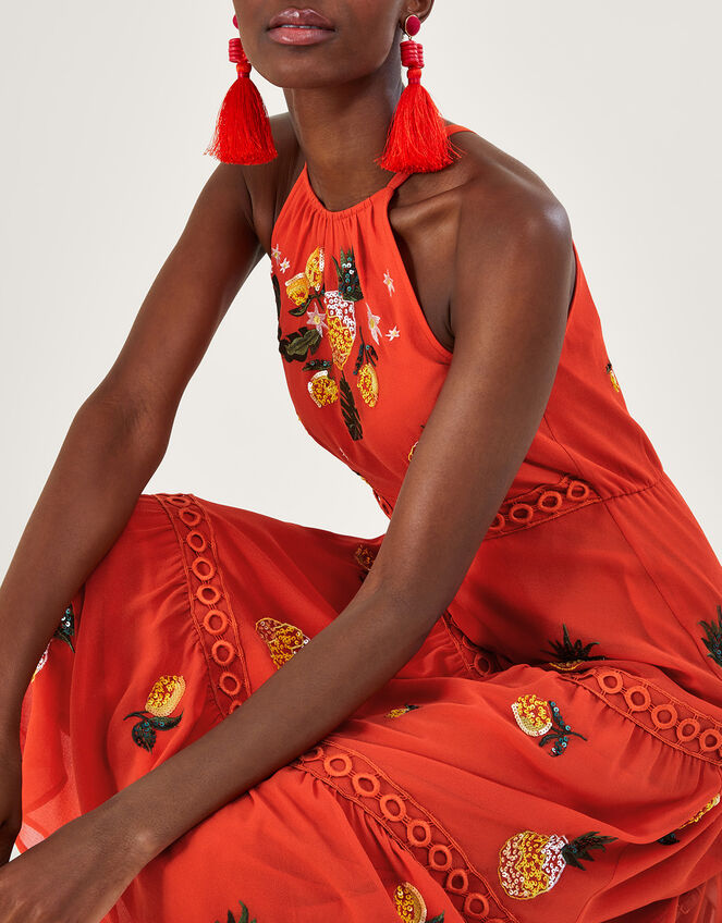 Isabel Embellished Tiered Midi Dress in Recycled Polyester, Orange (ORANGE), large