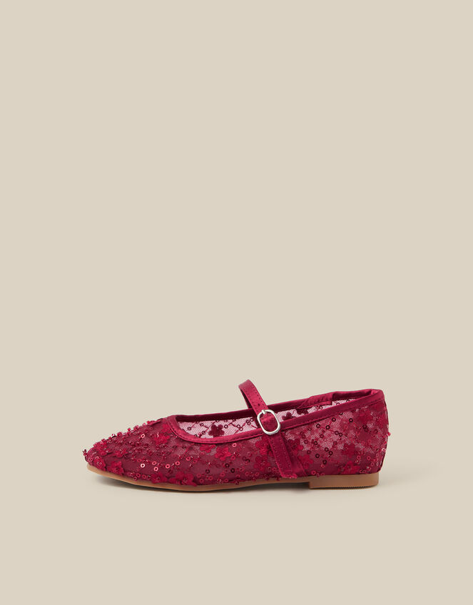 Flower Sparkle Mesh Ballet Flats, Red (BURGUNDY), large