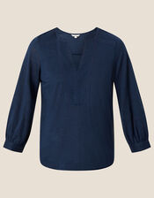 Plain Detail Linen Long Sleeve Top, Blue (NAVY), large