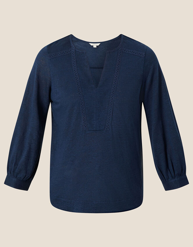 Plain Detail Linen Long Sleeve Top, Blue (NAVY), large