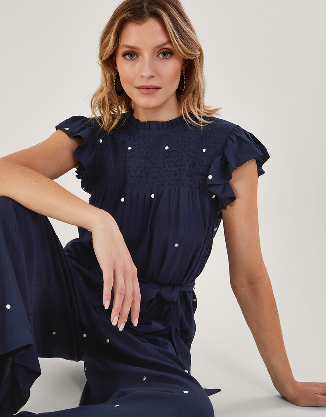 Embroidered Spot Jumpsuit, Blue (NAVY), large