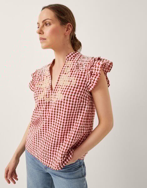 Greta Embroidered Gingham Top, Red (RED), large
