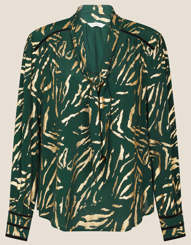 Rosetta Foil Print Pussybow Blouse, Green (GREEN), large