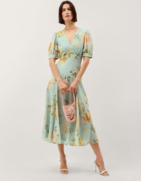 Carris Puff Sleeve Floral Midi Dress, Green (SAGE), large