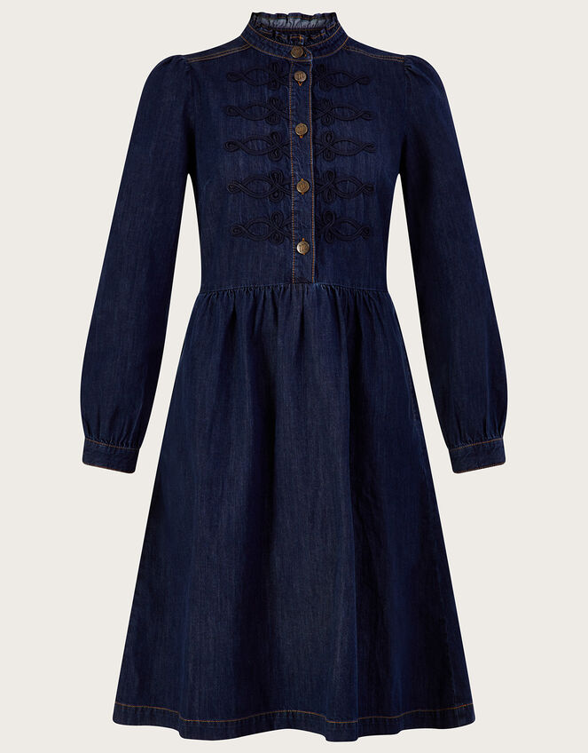 Nautical Denim Knee Length Dress in Sustainable Cotton, Blue (DENIM BLUE), large