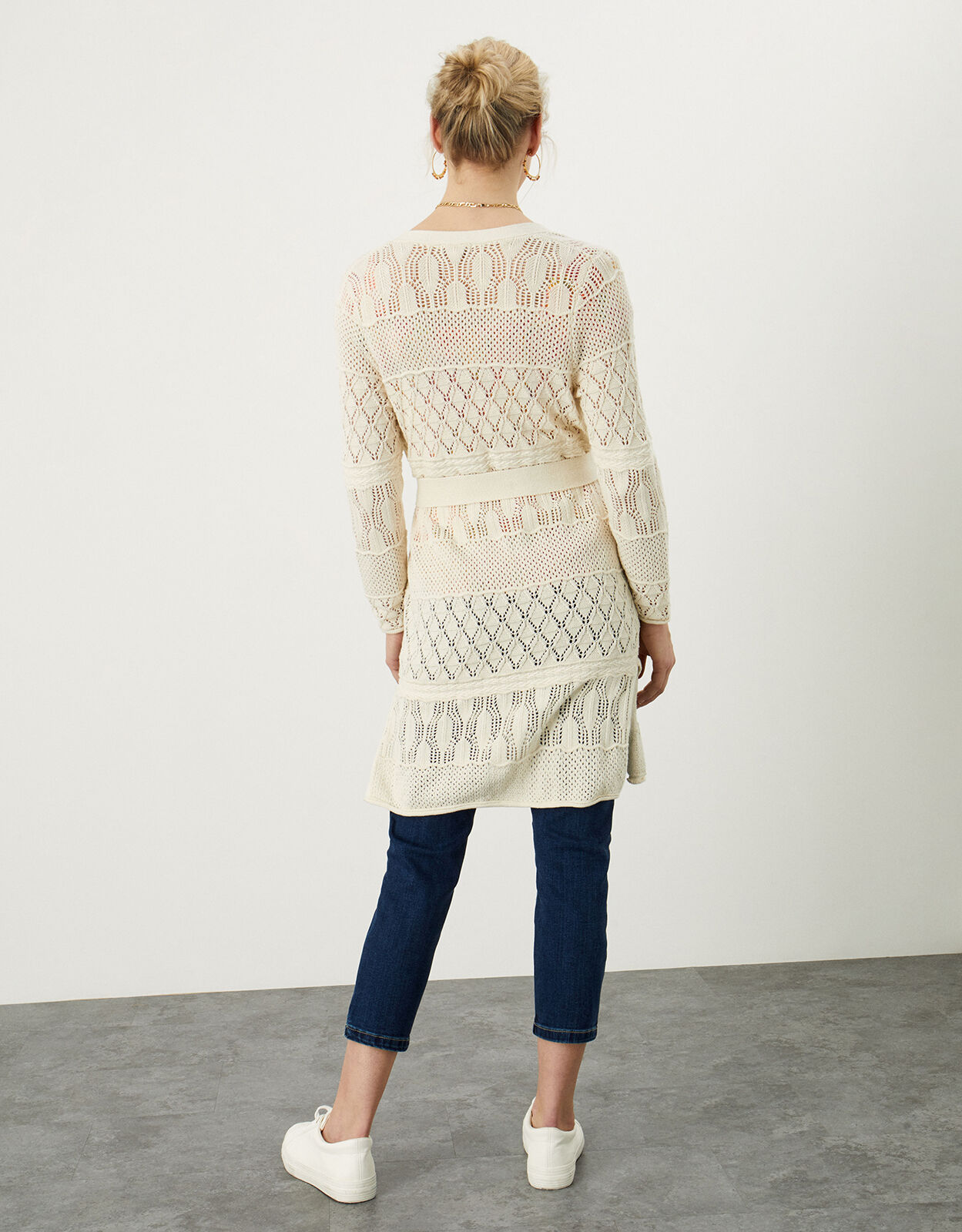 Crochet Stitch Longline Cardigan Ivory 