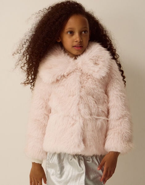 Butterfly Embellished Faux Fur Coat, Pink (PINK), large
